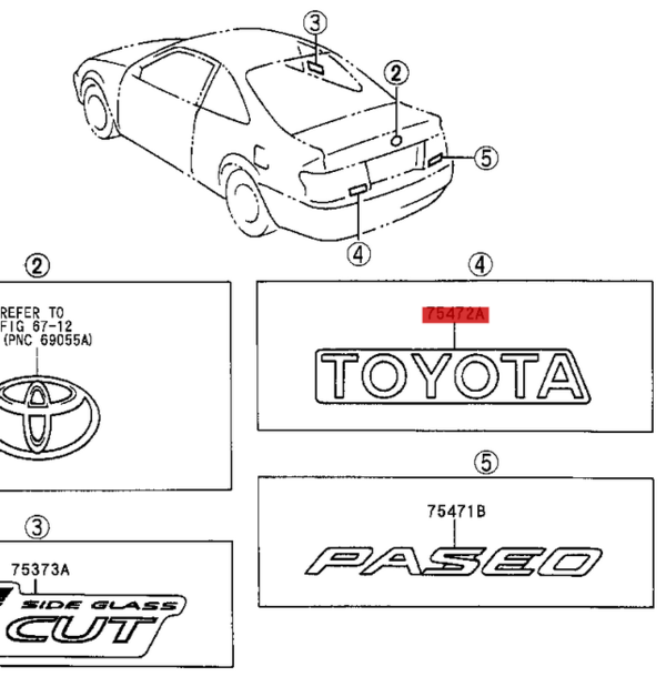 75472-16010 / Emblem hinten "Toyota" Paseo EL54
